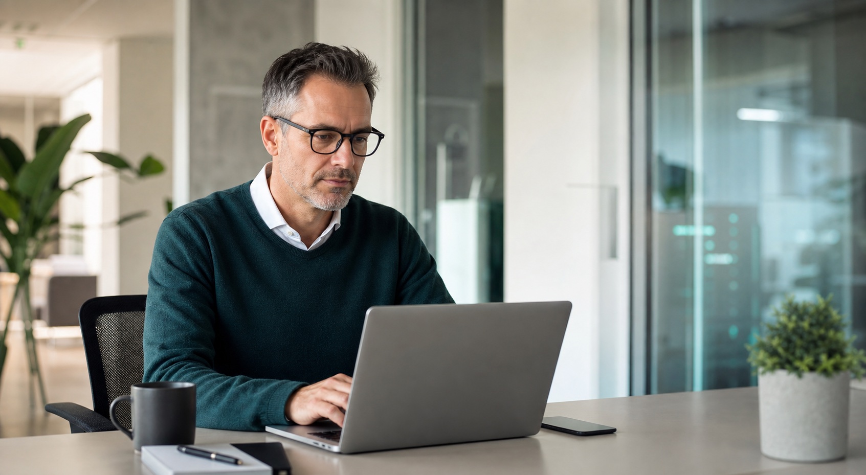 Ruhige Cloud-Arbeitsplatz-Szene in einem modernen Büro